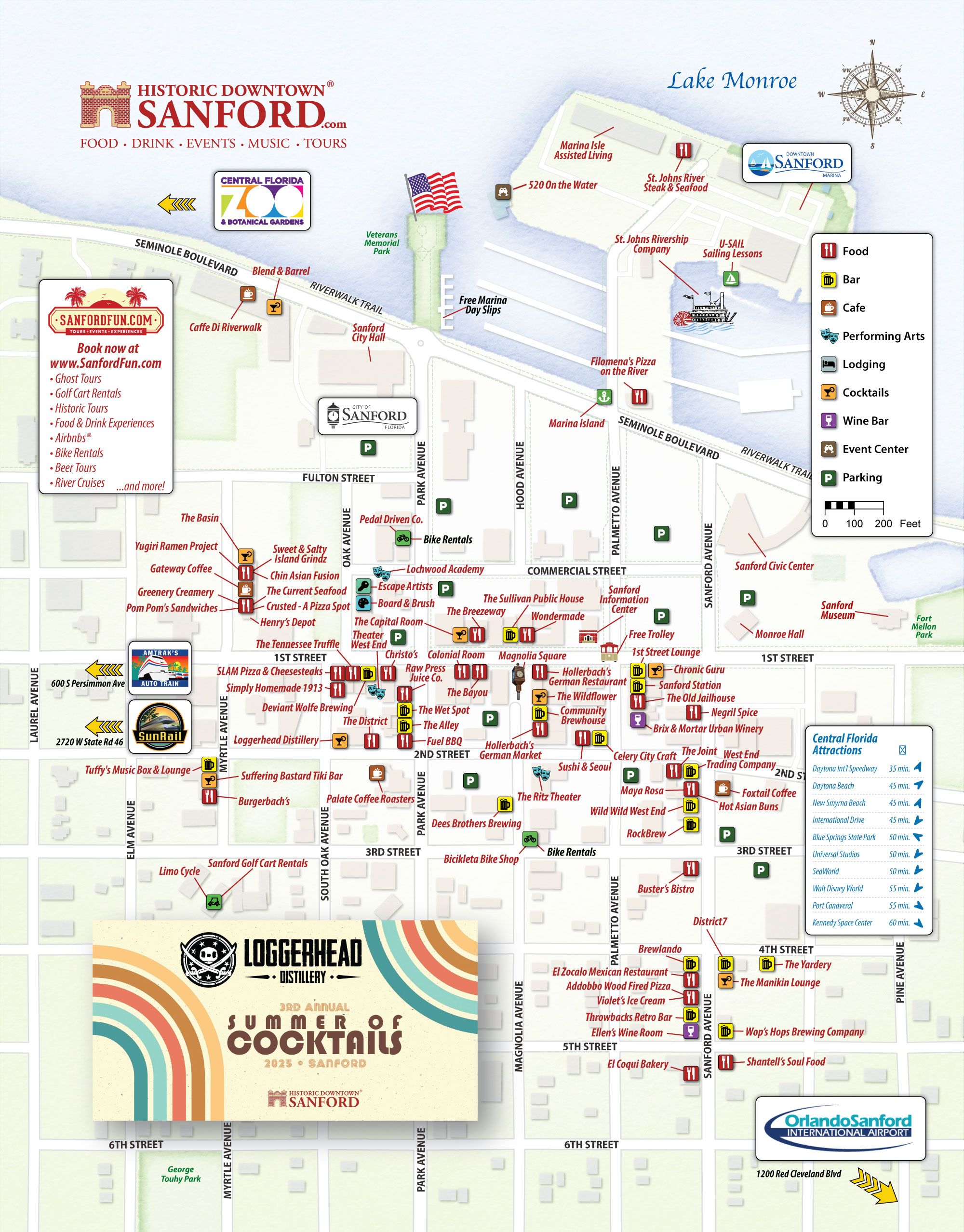 Map of Historic Downtown Sanford featuring our top bars, restaurants